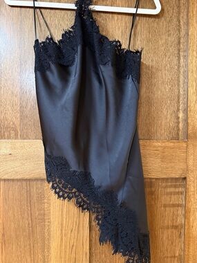 Black Satin Lace-Trim Slip Chemise